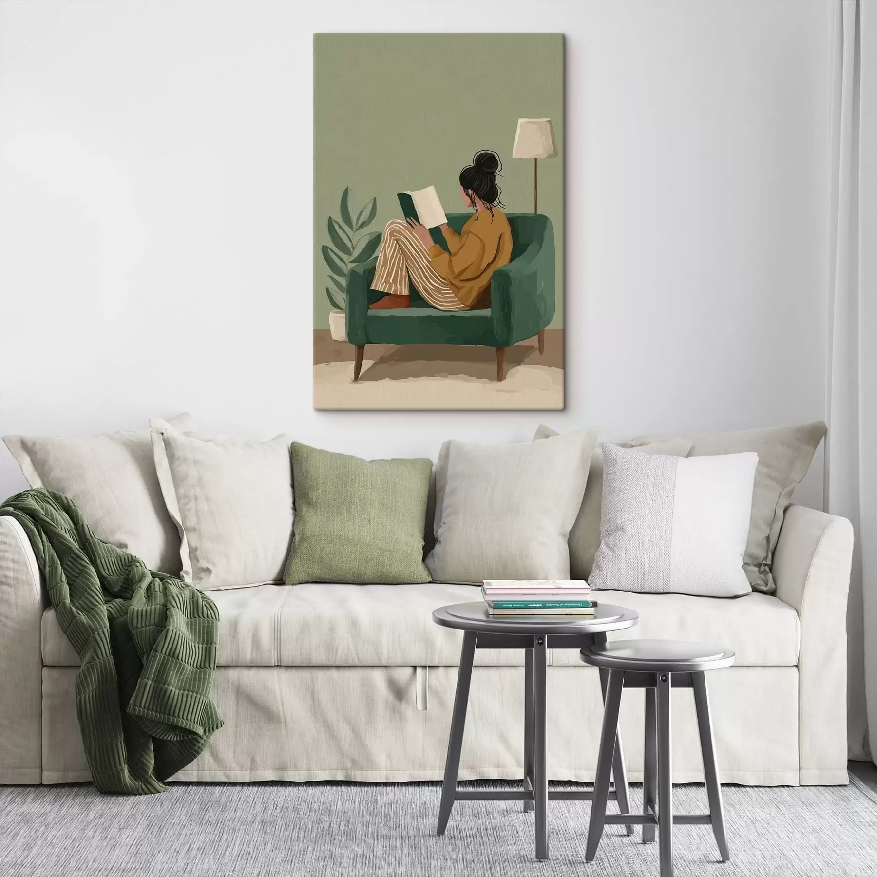 Tableau Illustration minimaliste et chaleureuse d'une femme assise dans un fauteuil en train de lire. s48118