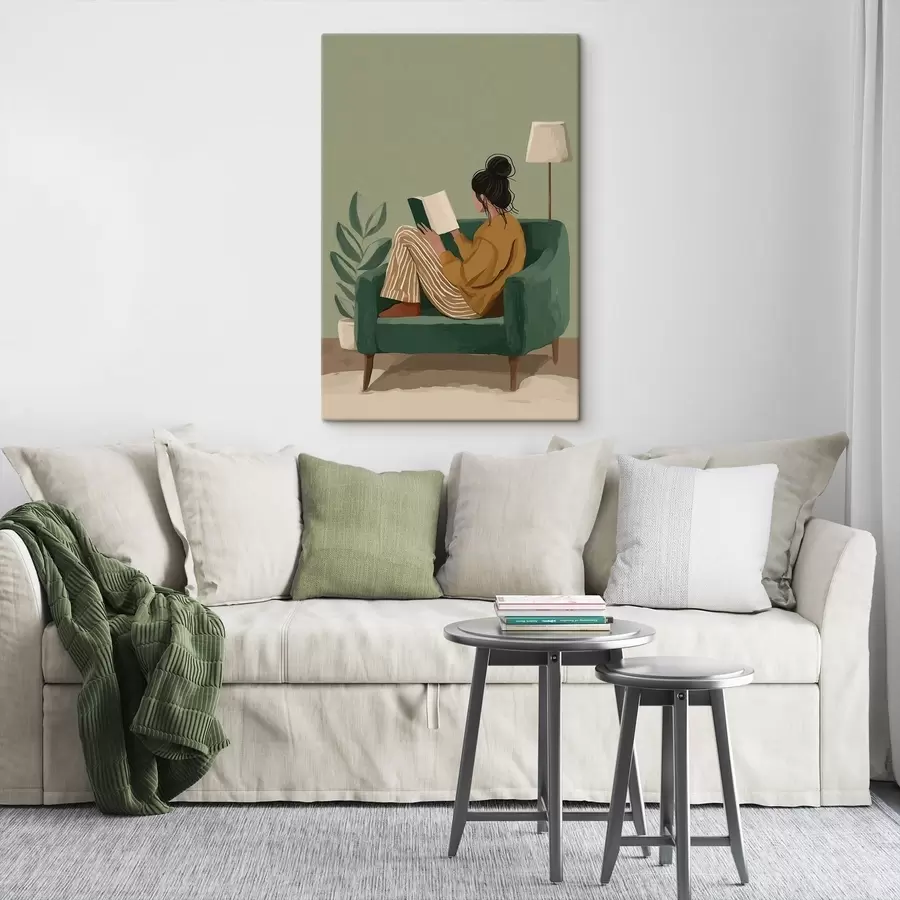 Tableau Illustration minimaliste et chaleureuse d'une femme assise dans un fauteuil en train de lire. s48118