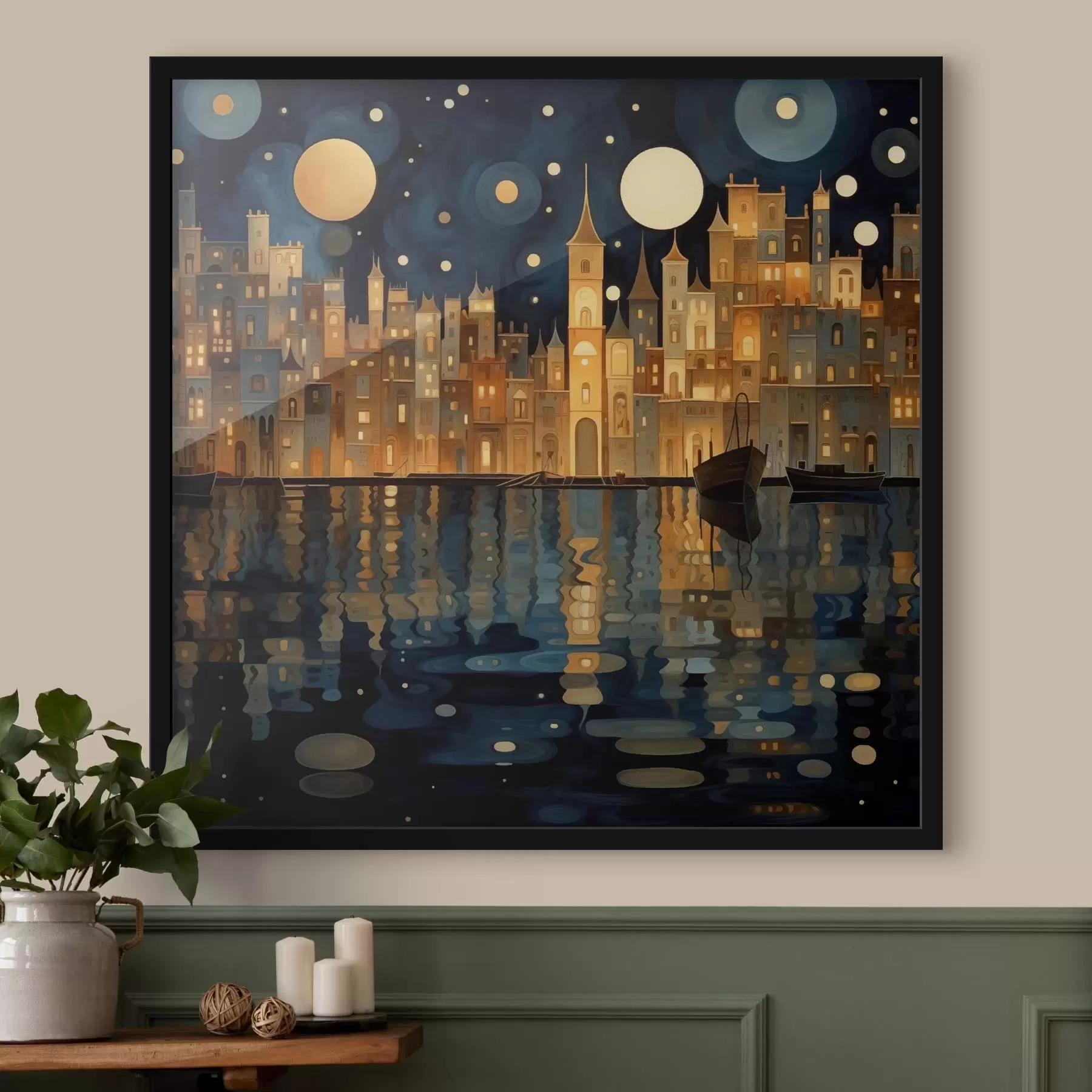 Papier peint ville nocturne fantaisiste au bord de l'eau f48063