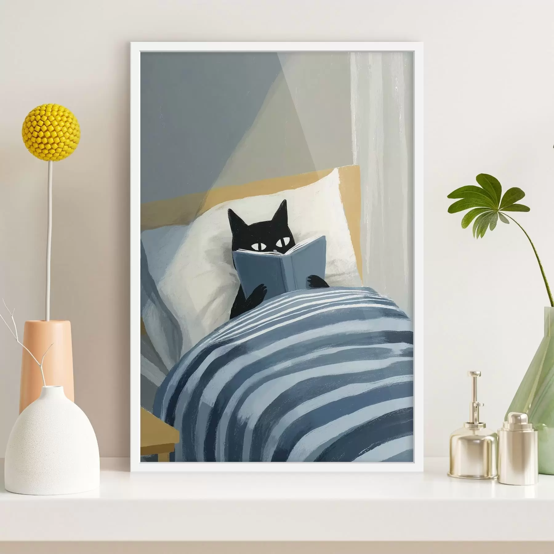 Papier peint Illustration minimaliste d'un chat noir lisant un livre dans son lit. f48117