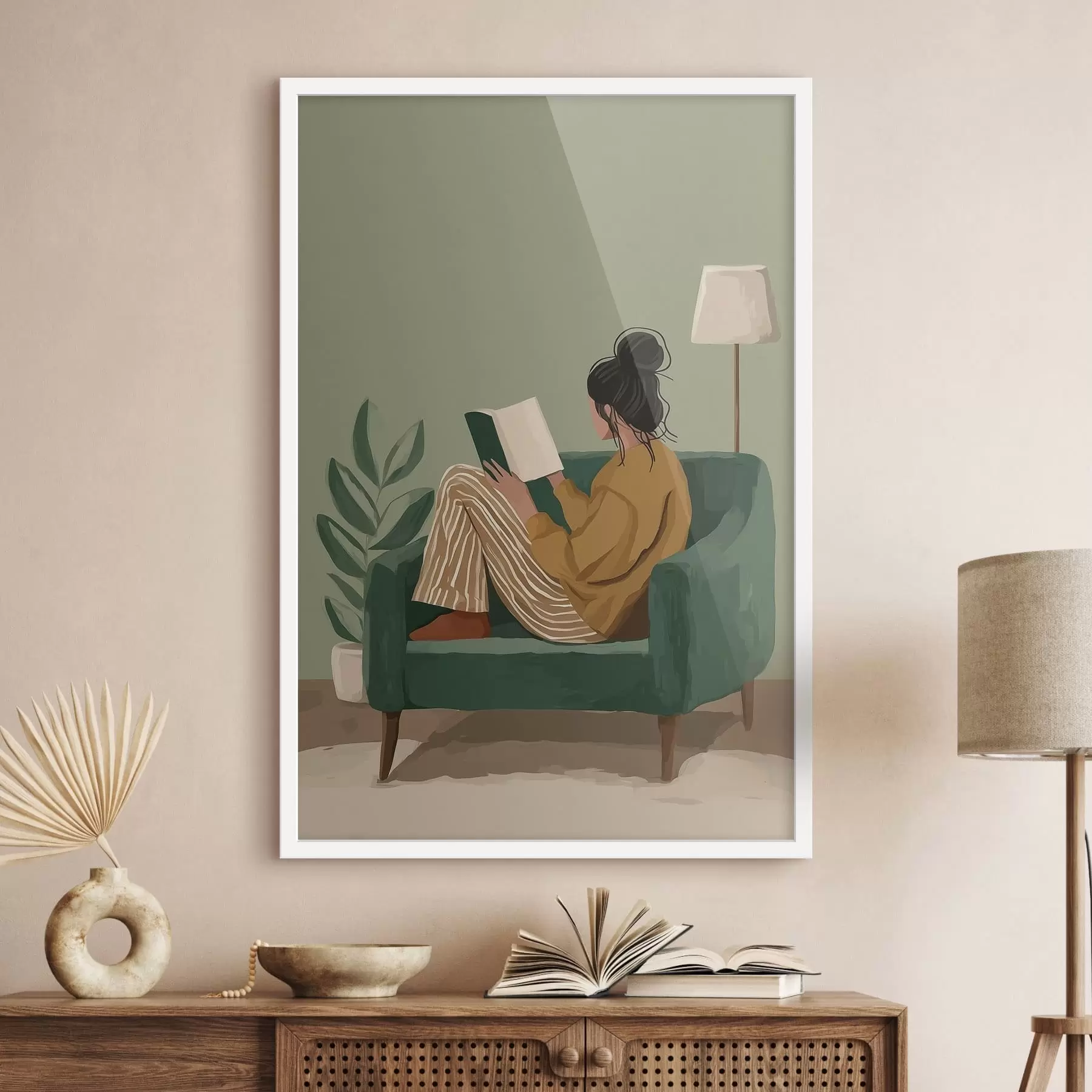 Papier peint Illustration minimaliste et chaleureuse d'une femme assise dans un fauteuil en train de lire. f48118