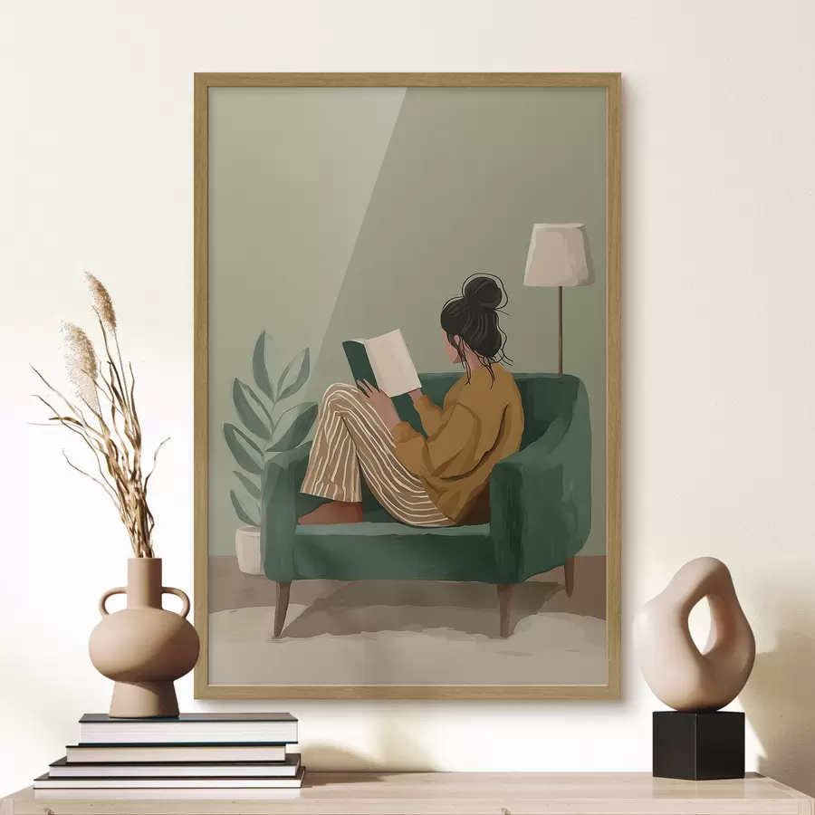 Papier peint Illustration minimaliste et chaleureuse d'une femme assise dans un fauteuil en train de lire. f48118