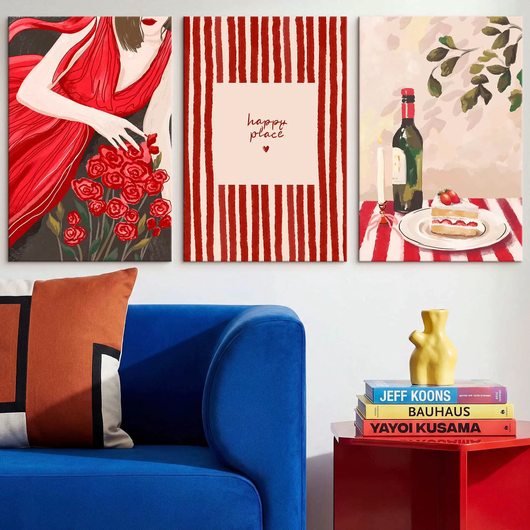 Tableau Femme avec des roses, une affiche rayée et une table m30099