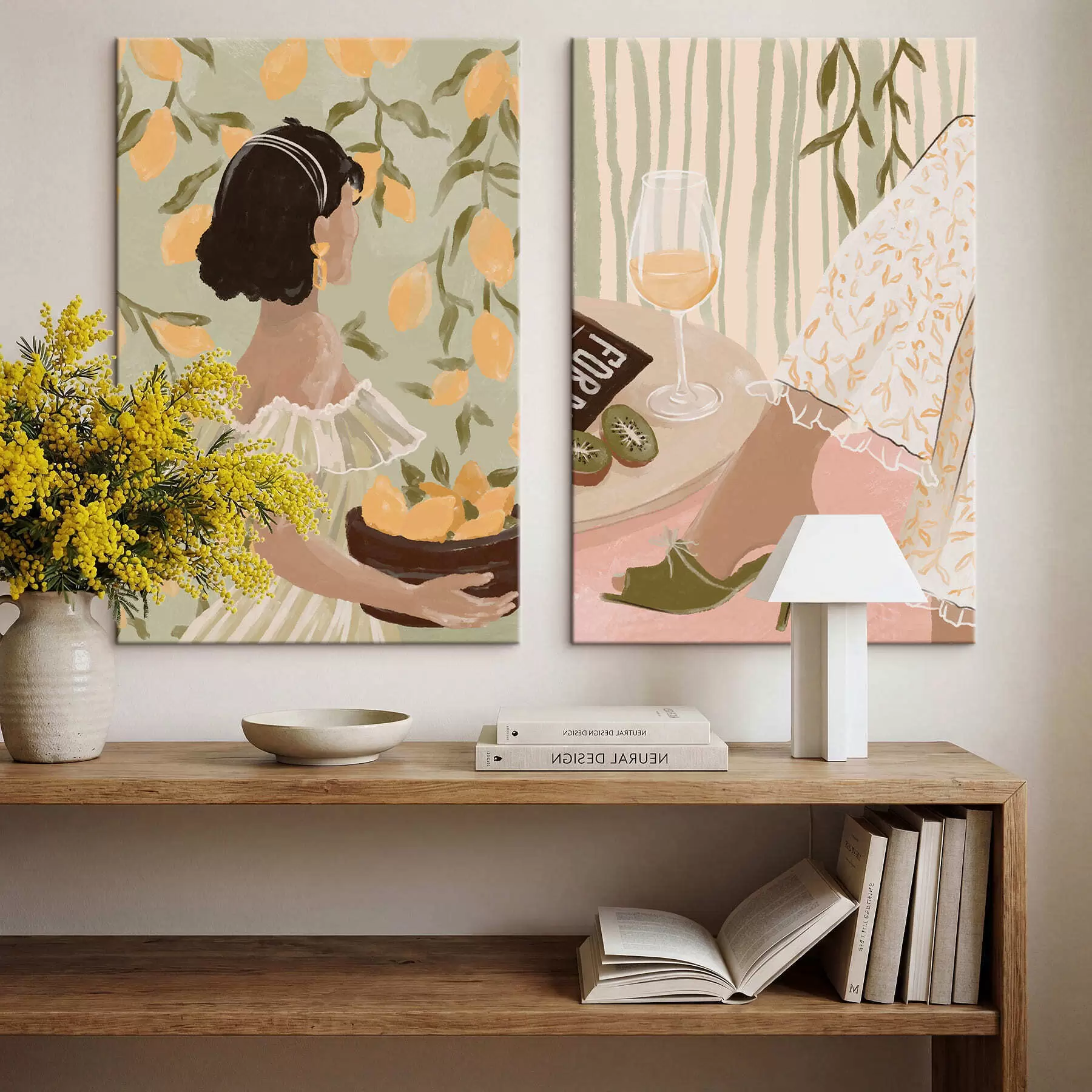 Tableau Femme avec des citrons et table avec verre m30104