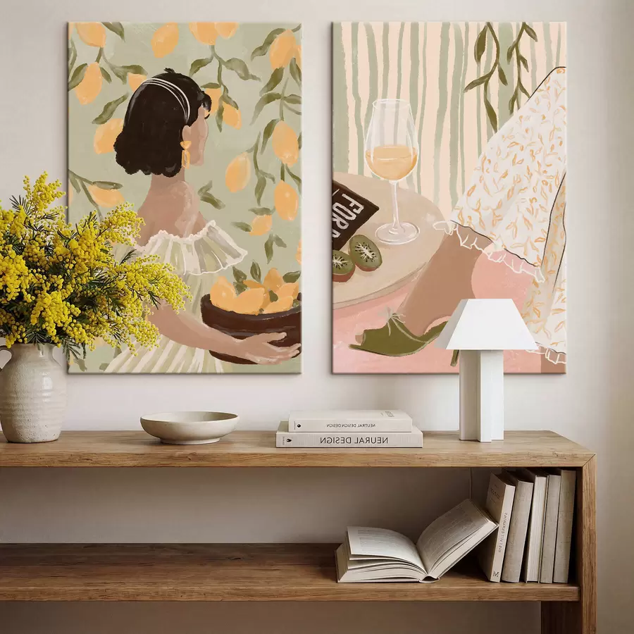 Tableau Femme avec des citrons et table avec verre m30104