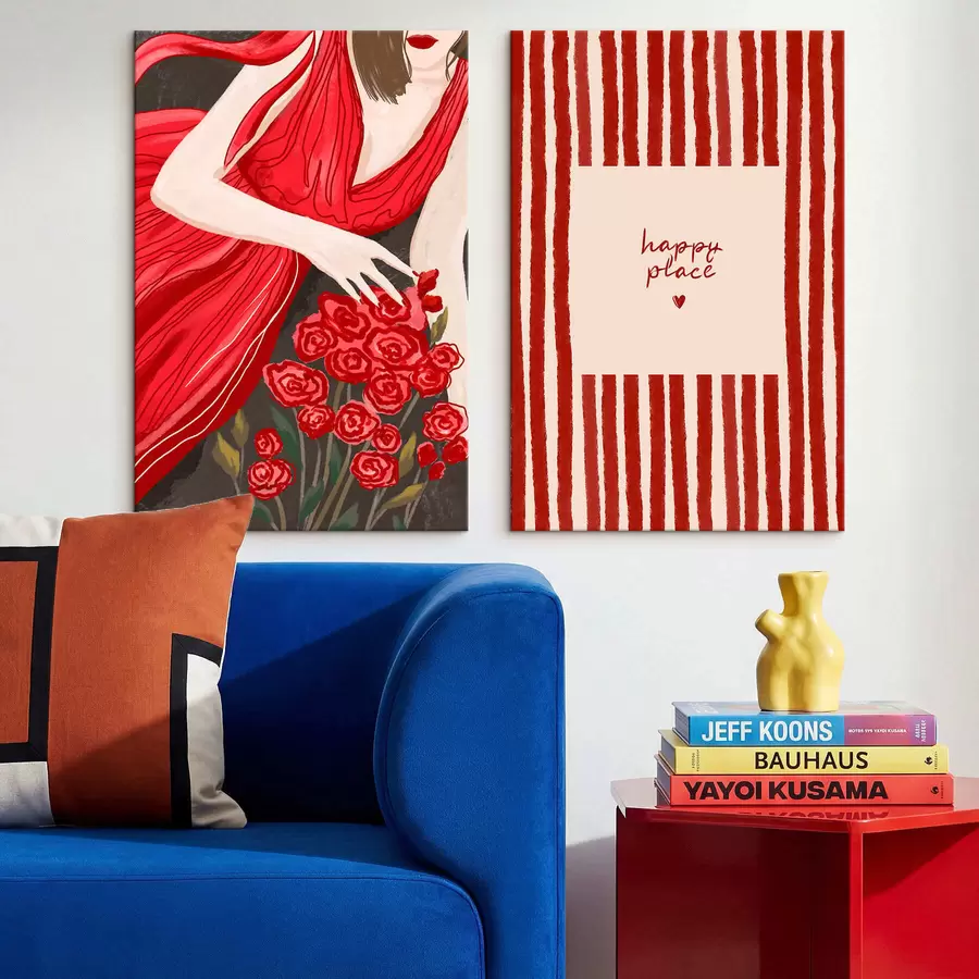 Tableau Femme avec des roses et un motif rouge m30107