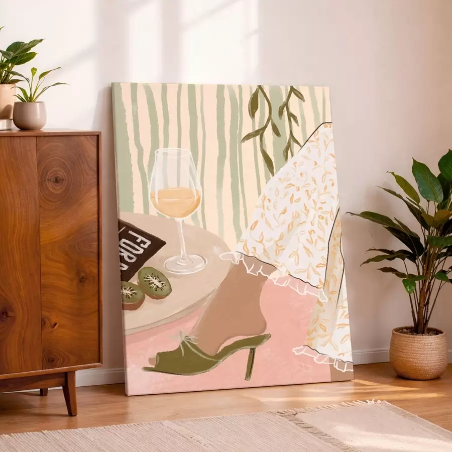 Tableau Table avec verre à vin et kiwi près de la robe s48021