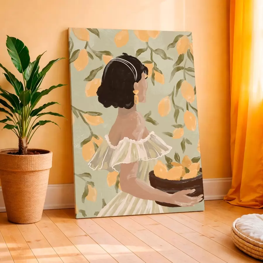 Tableau Femme tenant un bol de citrons par les branches s48023