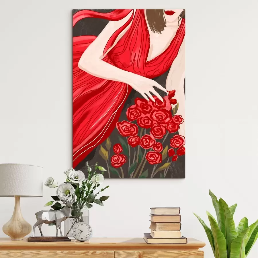 Tableau Femme en robe rouge avec un bouquet de roses s48026