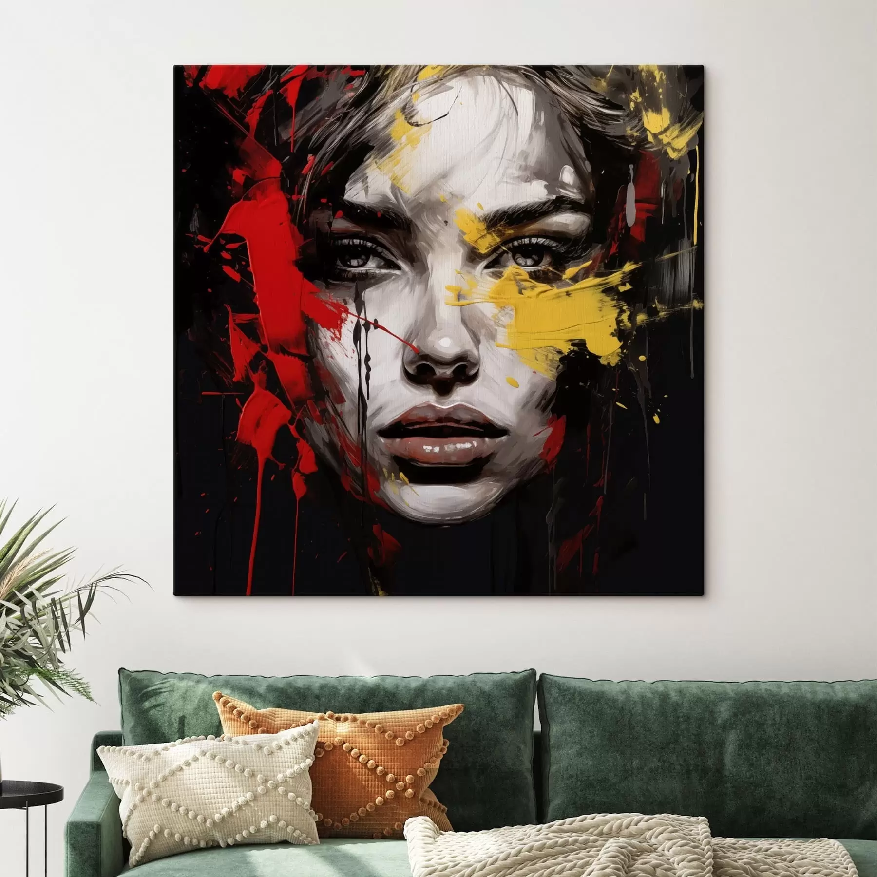 Tableau Portrait de femme avec des traits rouges et jaunes s48089