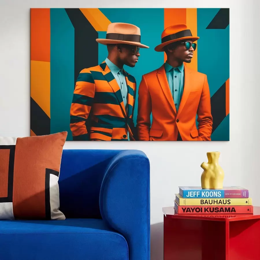 Tableau Deux hommes en costumes et chapeaux colorés s48091