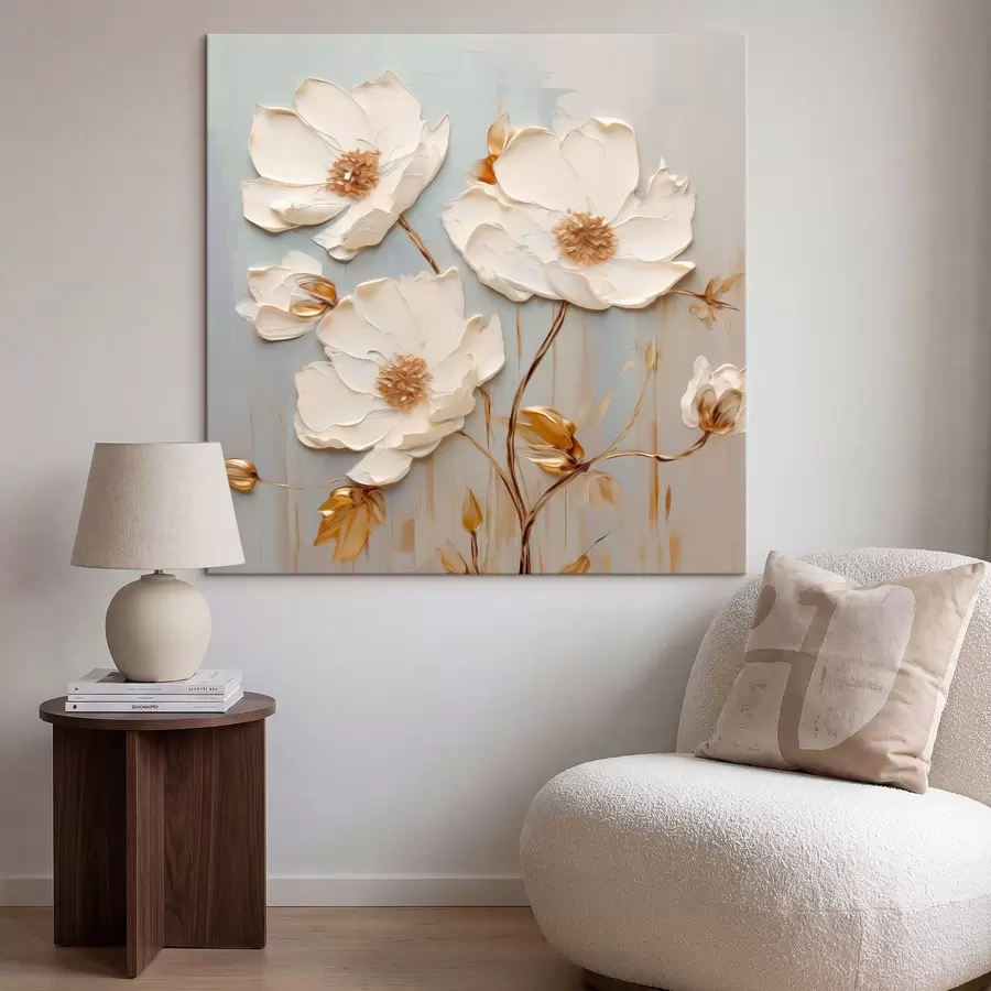 Tableau Fleurs blanches en relief avec des feuilles chaudes s48093