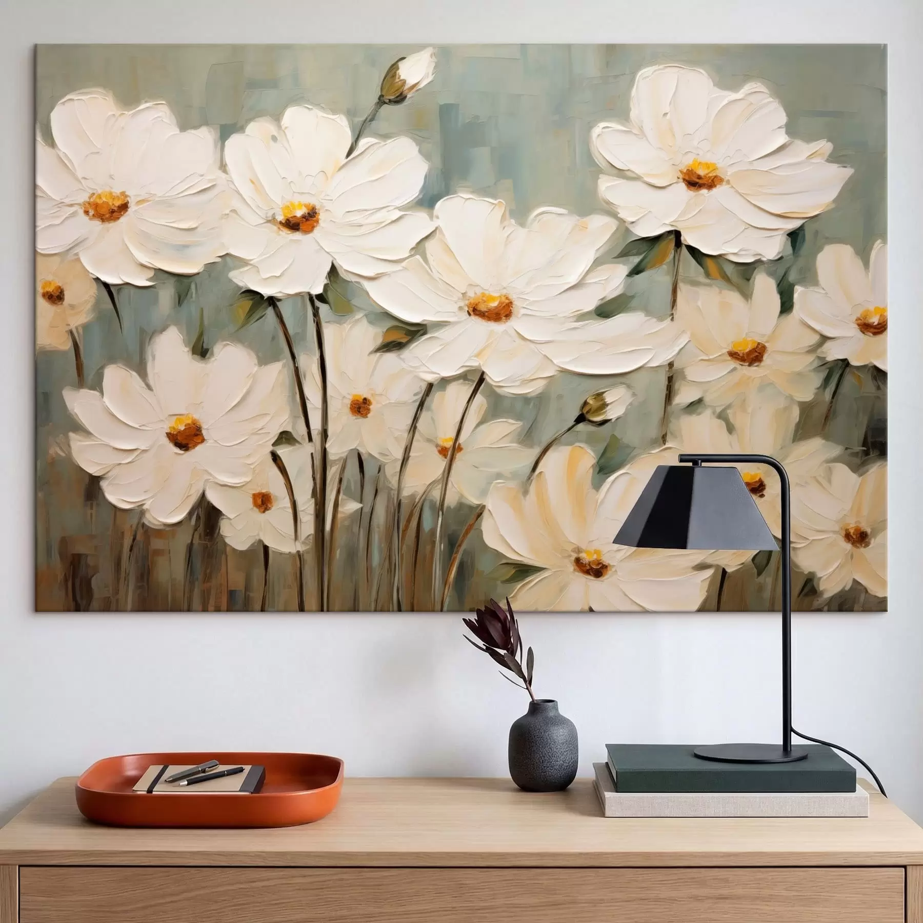 Tableau Fleurs blanches sur fond texturé, coups de pinceau s48094