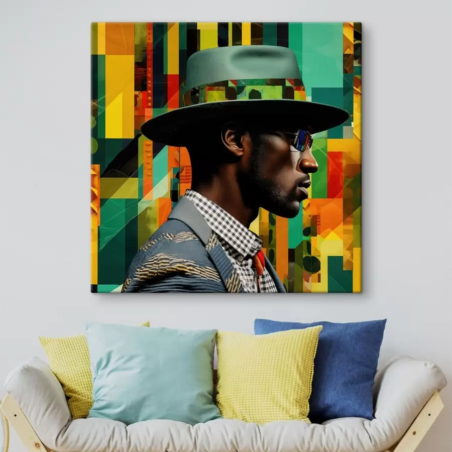 Tableau Portrait d'un homme coiffé d'un chapeau sur un fond coloré s48100