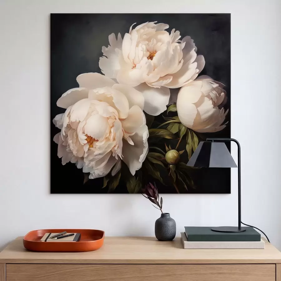 Tableau Pivoines blanches sur fond sombre s48101