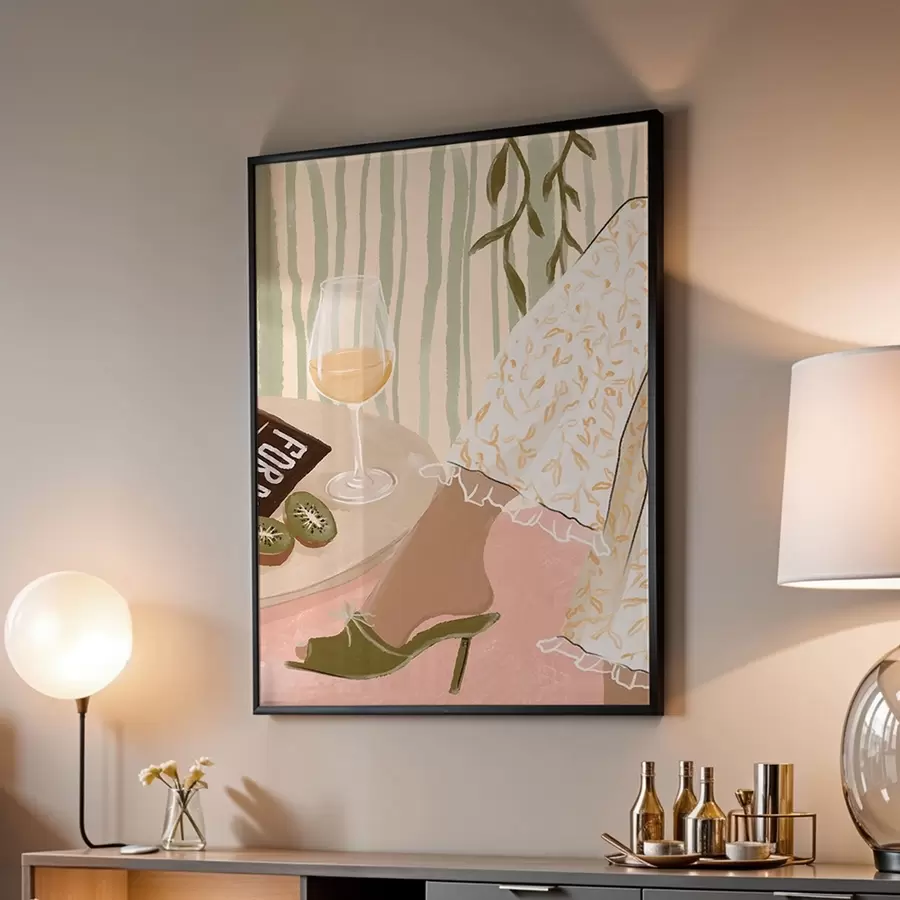 Papier peint Table avec verre à vin et kiwi près de la robe f48021