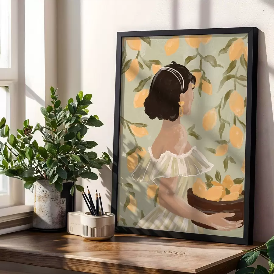 Papier peint Femme tenant un bol de citrons par les branches f48023