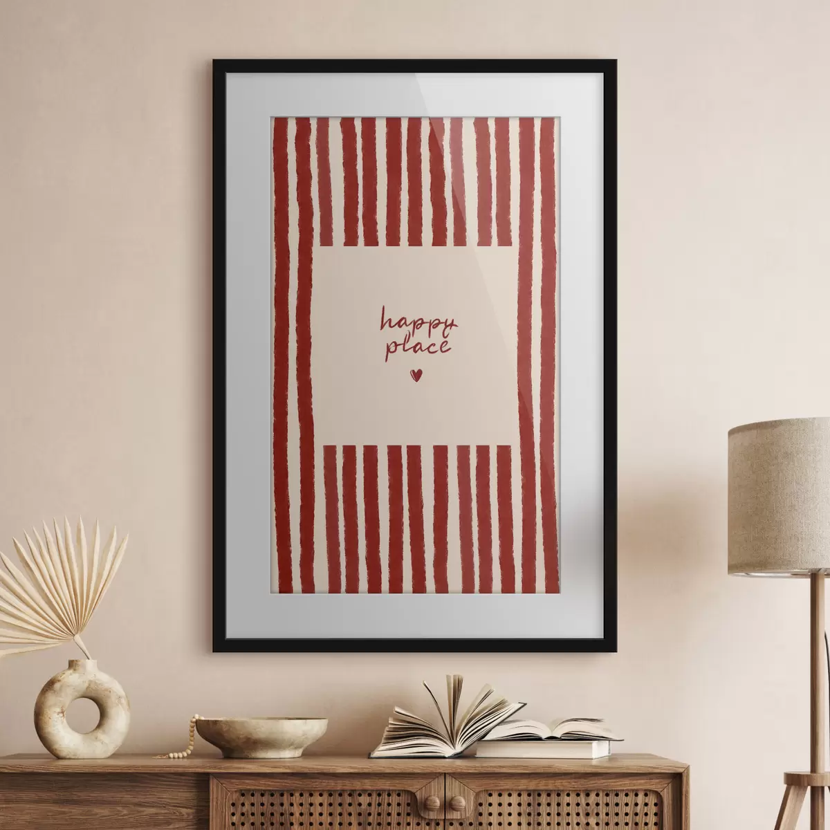 Poster Rayures rouges avec texte « happy place » f48025