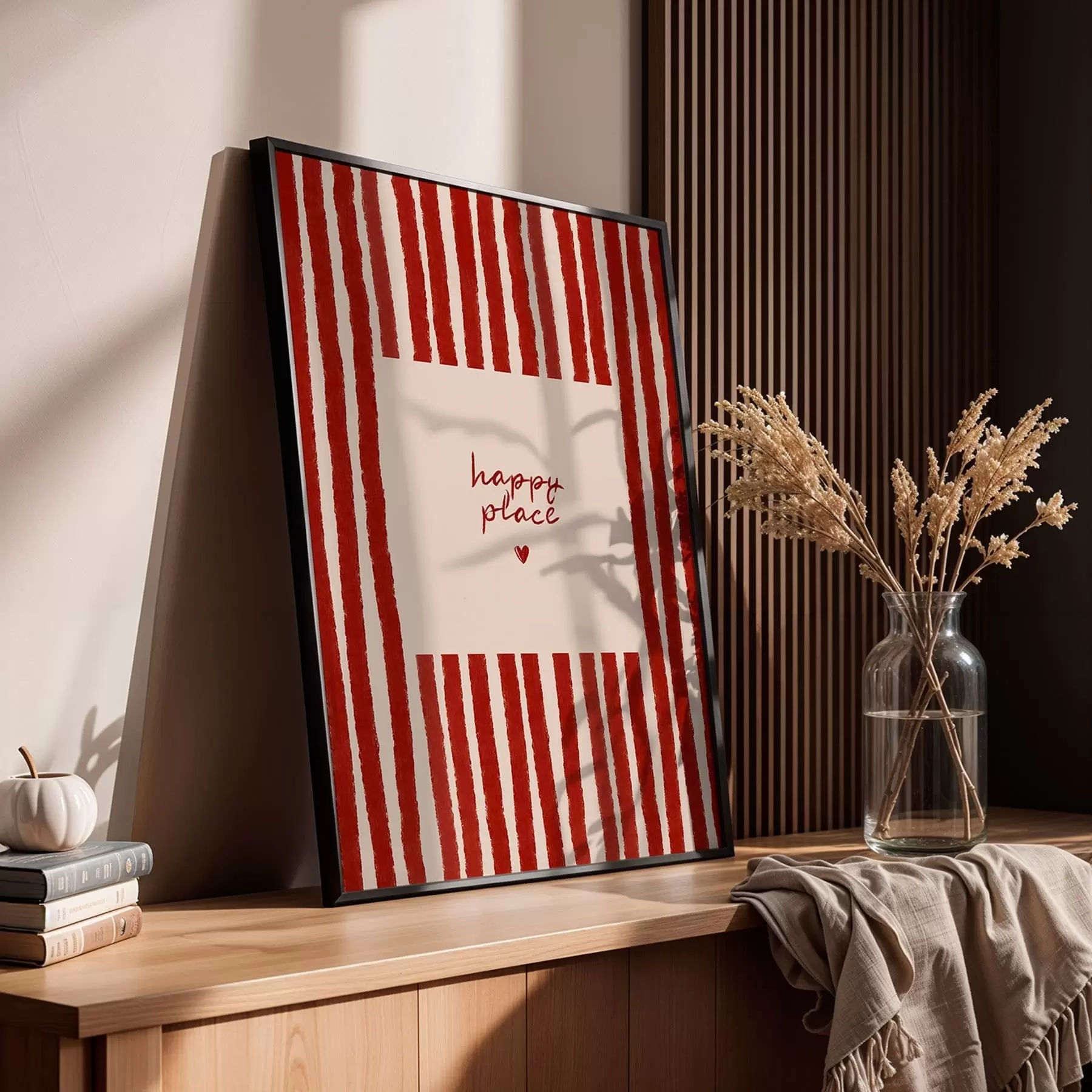 Papier peint Rayures rouges avec texte « happy place » f48025