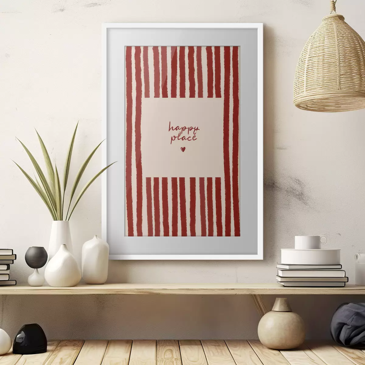 Poster Rayures rouges avec texte « happy place » f48025