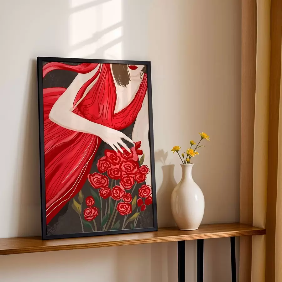 Papier peint Femme en robe rouge avec un bouquet de roses f48026