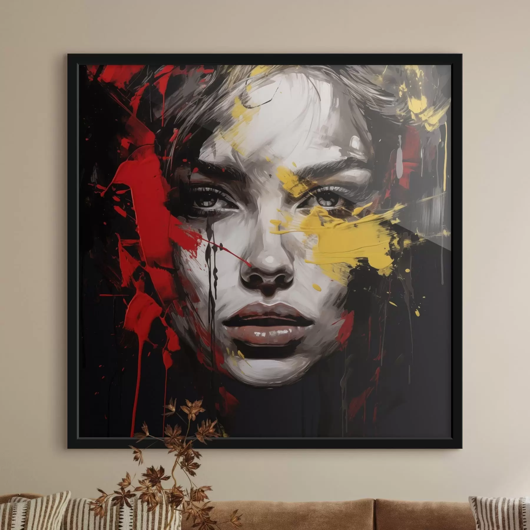 Papier peint Portrait de femme avec des traits rouges et jaunes f48089