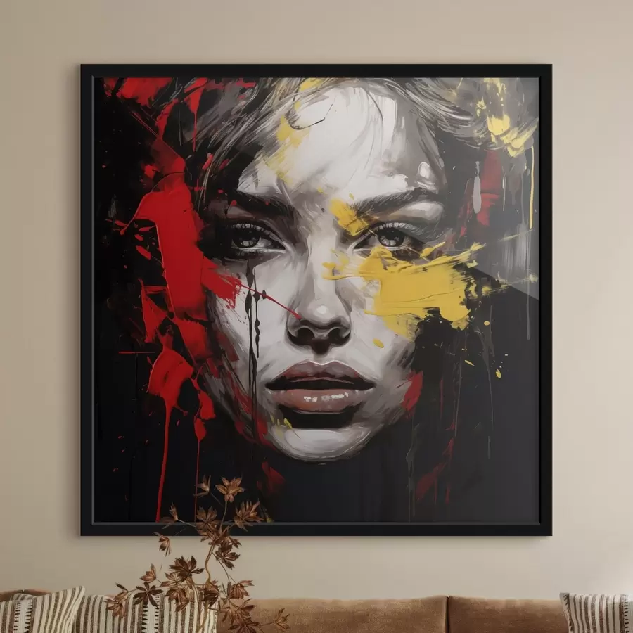 Papier peint Portrait de femme avec des traits rouges et jaunes f48089