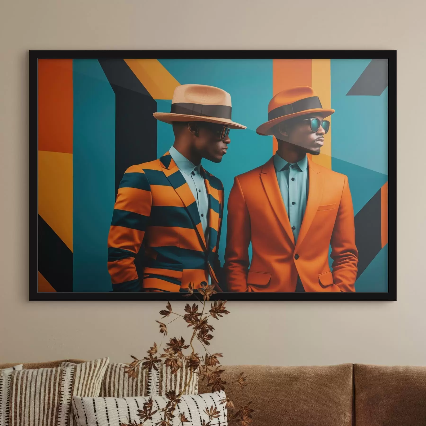 Papier peint Deux hommes en costumes et chapeaux colorés f48091