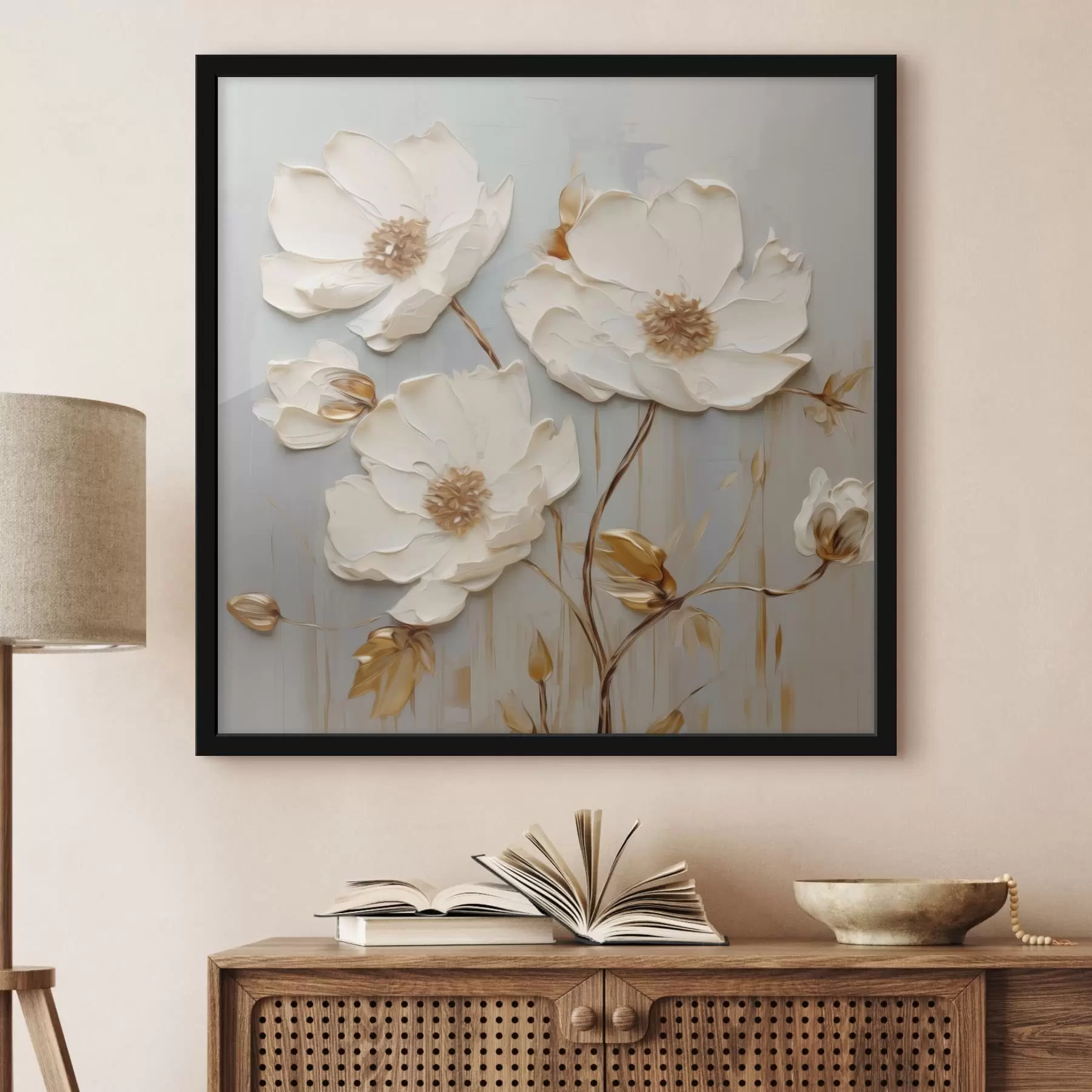 Papier peint Fleurs blanches en relief avec des feuilles chaudes f48093