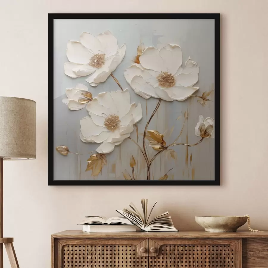Papier peint Fleurs blanches en relief avec des feuilles chaudes f48093