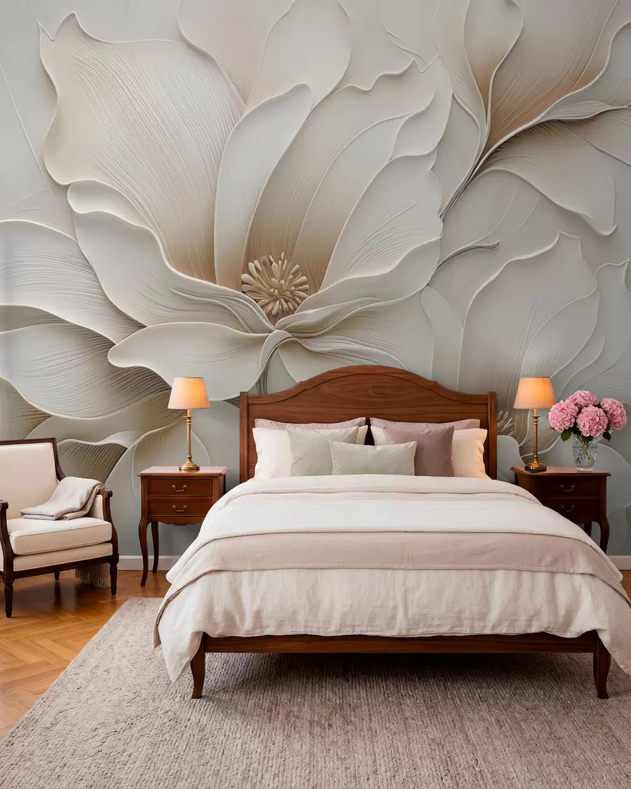 Papier peint Gros plan sur un relief floral beige en relief w05269