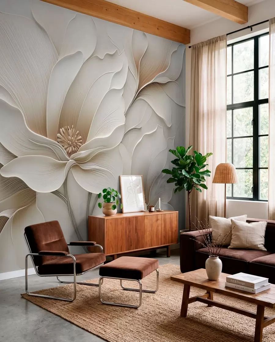 Papier peint Gros plan sur un relief floral beige en relief w05269