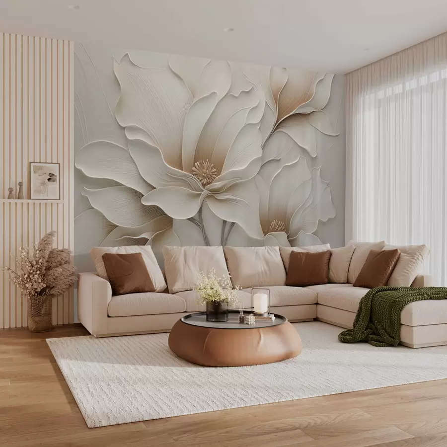 Papier peint Gros plan sur un relief floral beige en relief w05269