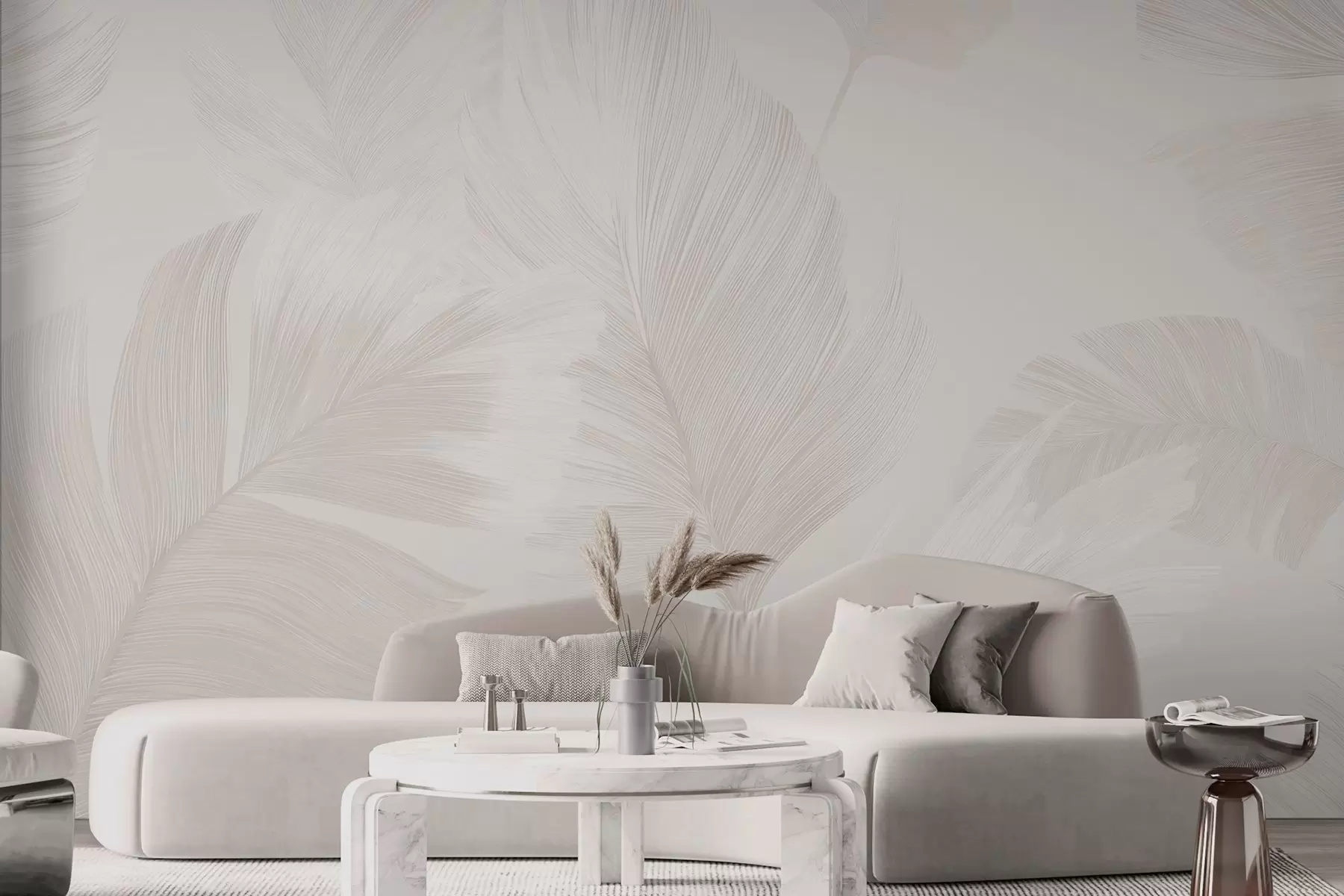Papier peint Plumes douces couleur ivoire dans des tons beige laiteux w09563