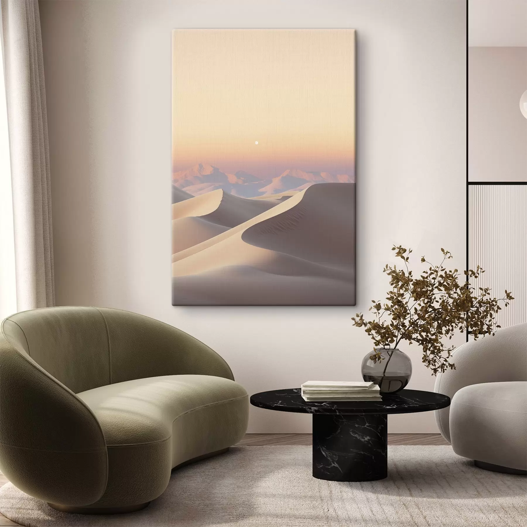 Tableau Un paysage désertique avec des dunes de sable ondulantes sous un ciel pastel doux, des montagnes lointaines en arrière-plan. s47865