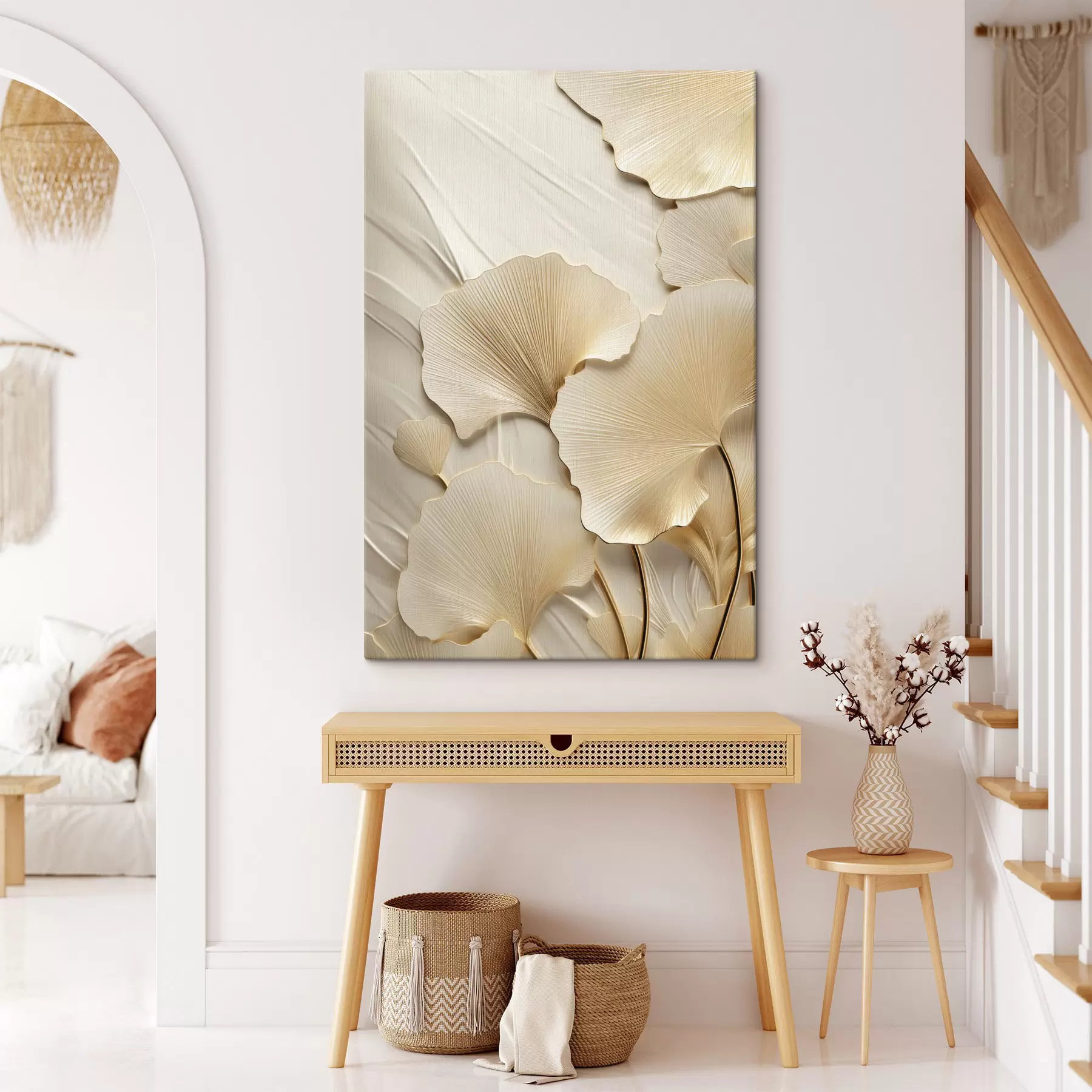 Tableau Feuilles de ginkgo abstraites sur fond clair texturé, composition élégante et abstraite s47867