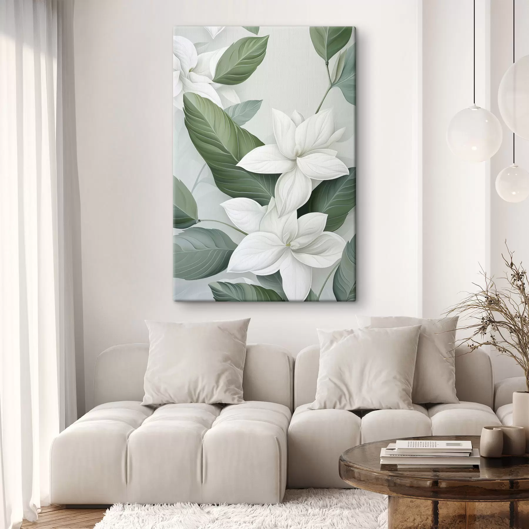 Tableau Fleurs blanches avec feuilles vertes, fond pastel s47869