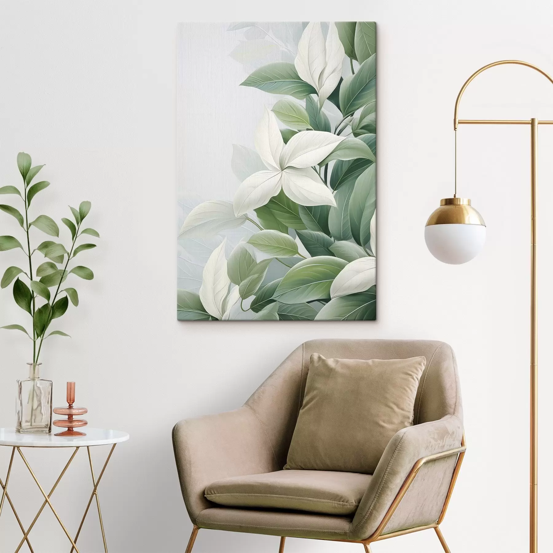 Tableau Fleurs blanches avec feuilles vertes, fond pastel s47870