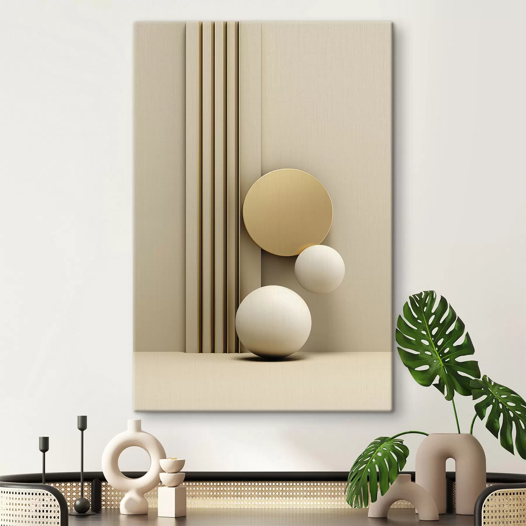 Tableau Art moderne abstrait beige avec lignes verticales et sphères s47871