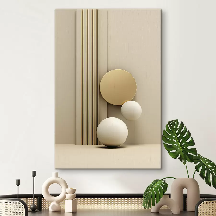 Tableau Art moderne abstrait beige avec lignes verticales et sphères s47871