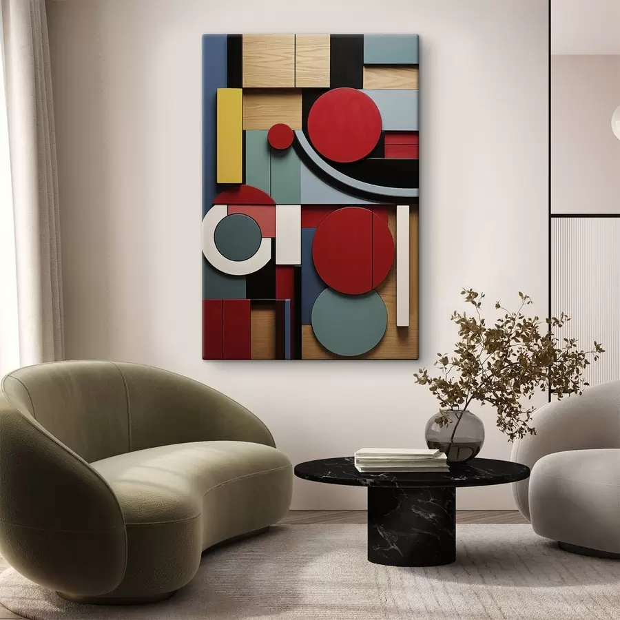 Tableau Composition géométrique abstraite avec imitation de texture bois, rectangles et cercles rouges, noirs, blancs et bleu sarcelle s47876