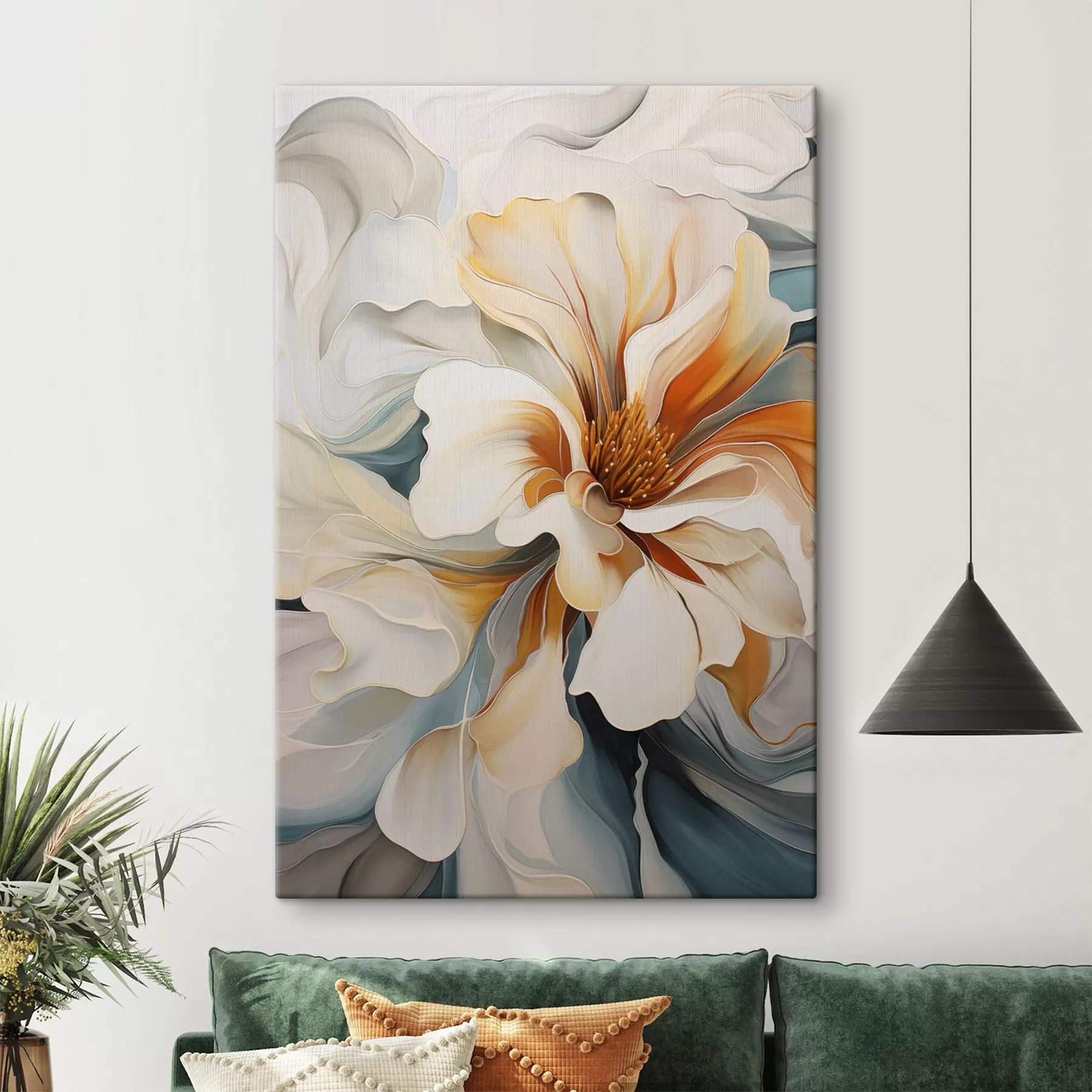 Tableau Fleur abstraite de grande taille avec des pétales blancs, orange et bleu sarcelle, fond texturé s47877