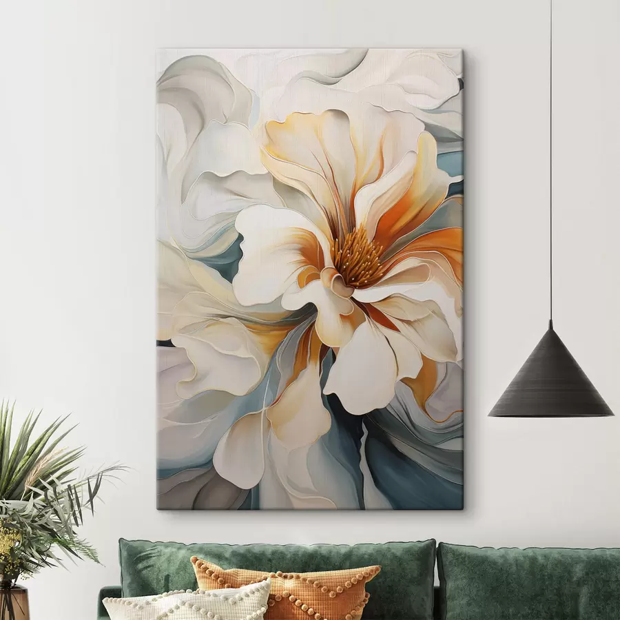 Tableau Fleur abstraite de grande taille avec des pétales blancs, orange et bleu sarcelle, fond texturé s47877