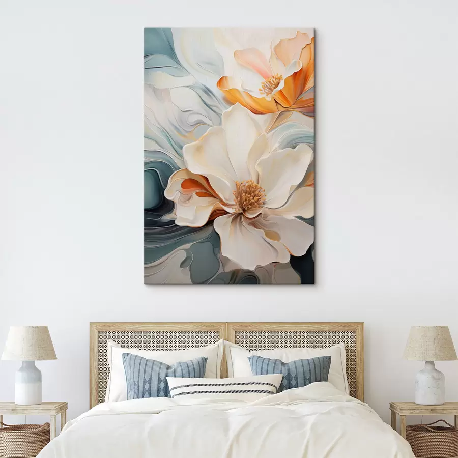 Tableau Fleur abstraite de grande taille avec des pétales blancs, orange et bleu sarcelle, fond texturé s47878