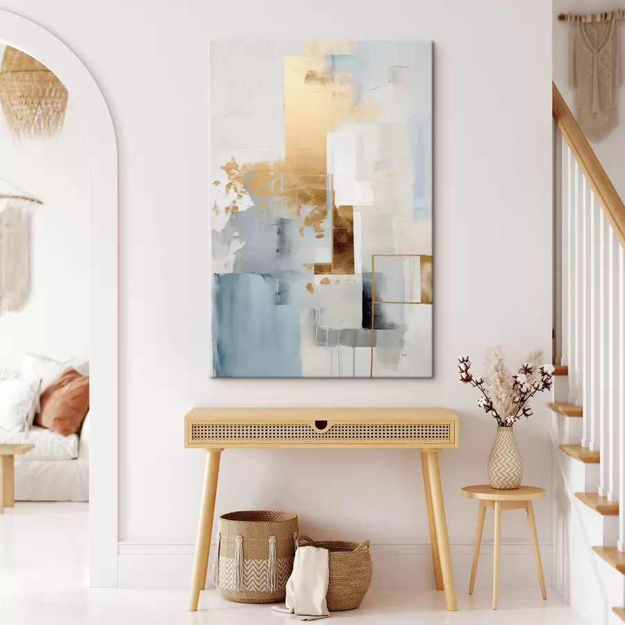 Tableau Formes géométriques abstraites aux couleurs jaune, bleu et blanc, composition texturée et minimaliste s47881