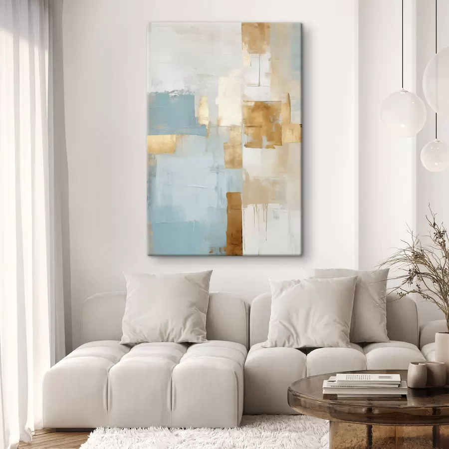 Tableau Formes géométriques abstraites aux couleurs jaune, bleu et blanc, composition texturée et minimaliste s47882