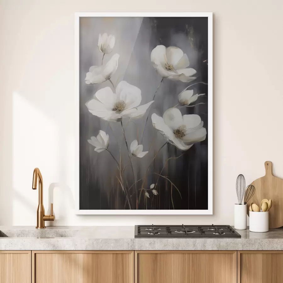 Papier peint Fleurs blanches au cœur brun et aux tiges fines sur fond sombre et texturé f47858