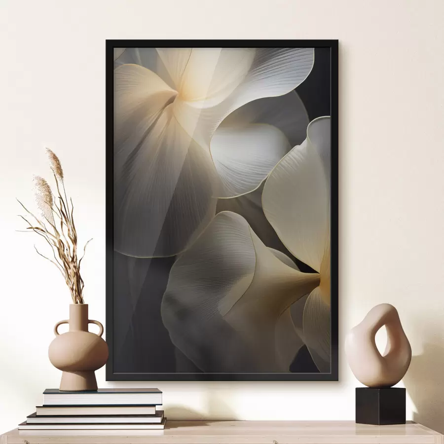 Papier peint Pétales abstraits translucides aux lignes délicates, sur fond sombre f47859