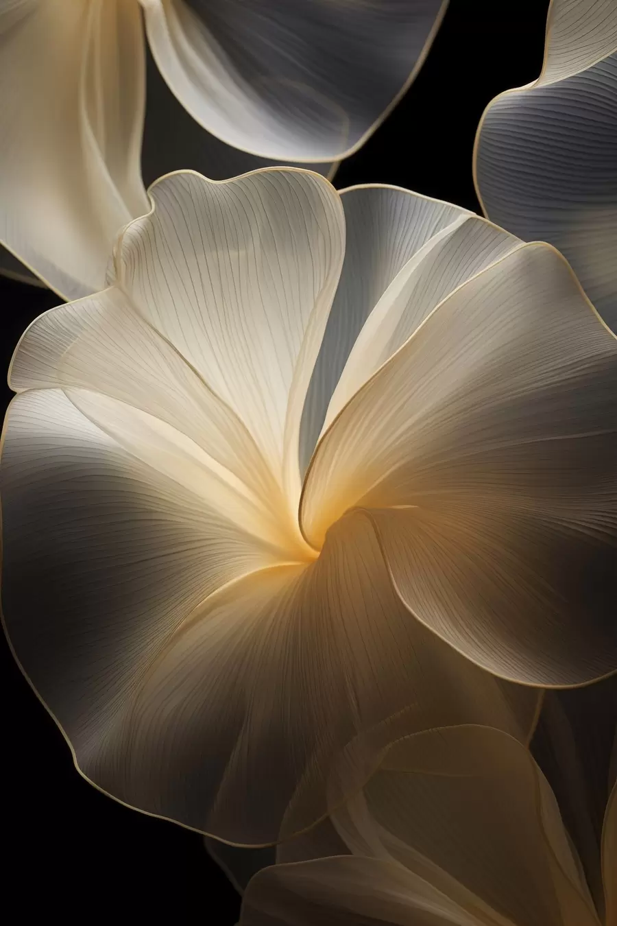 Papier peint Pétales abstraits translucides aux lignes délicates, sur fond sombre f47860