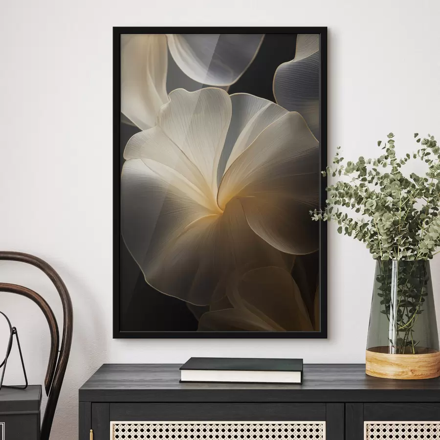 Papier peint Pétales abstraits translucides aux lignes délicates, sur fond sombre f47860